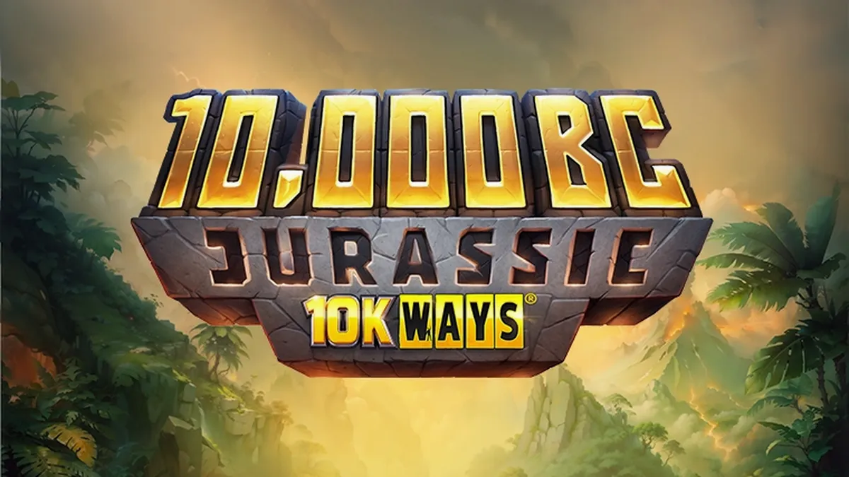 Isang makulay na eksena mula sa 10,000 BC Jurassic 10K Ways slot na nagpapakita ng mga dinosaur at prehistoric na tema.