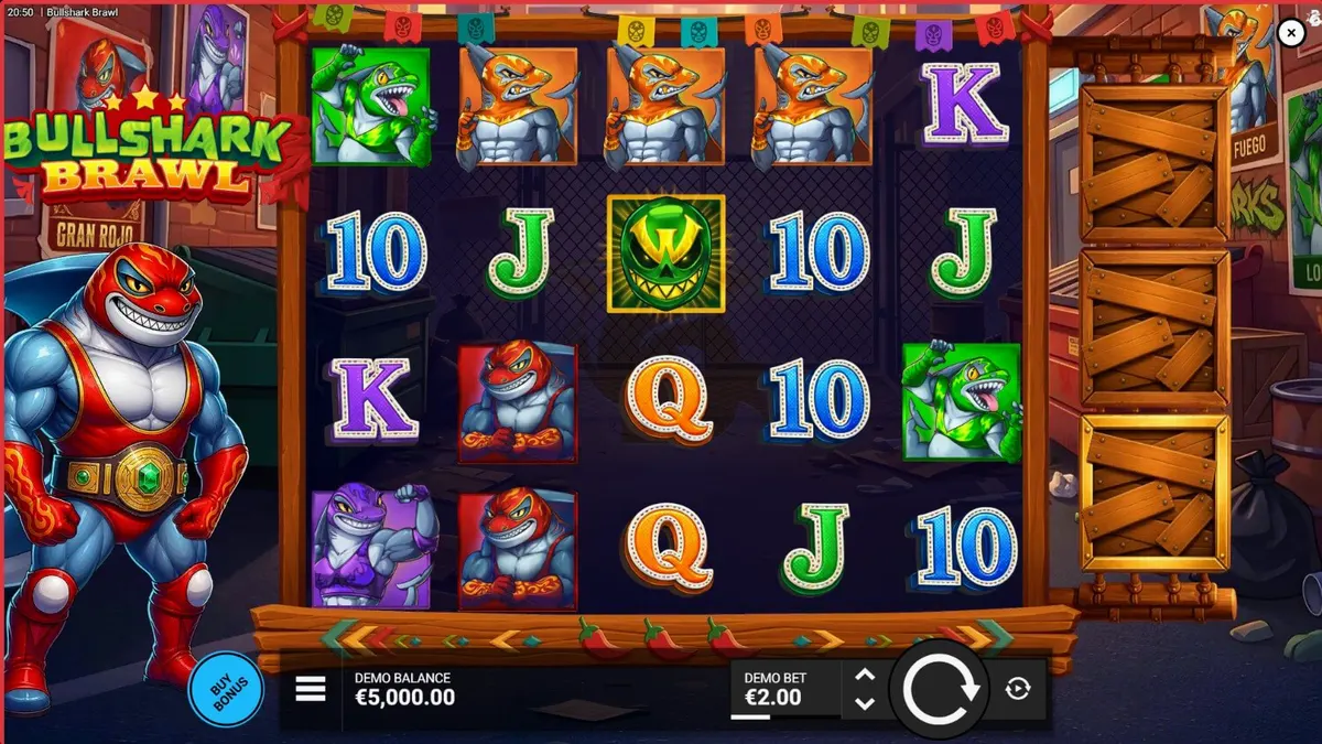 Bullshark Brawl slot game interface na nagpapakita ng mga shark luchador