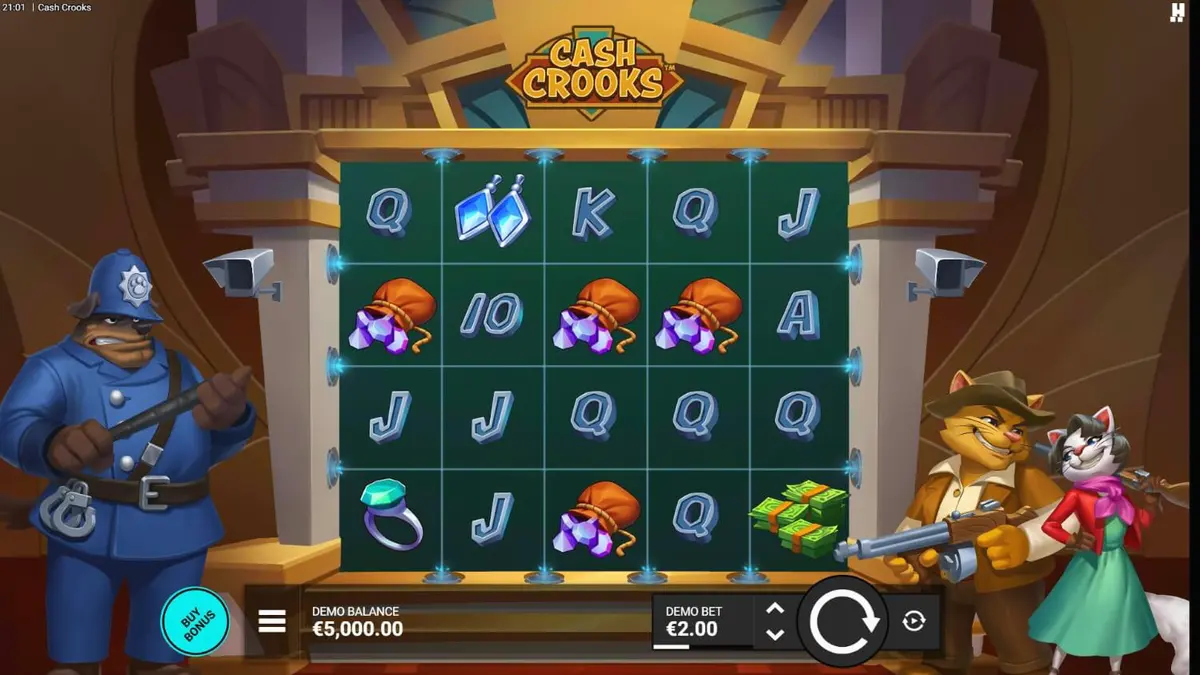 Isang masayang visual ng mga pusang kriminal na sina Betty at Clyve sa harap ng isang vault sa Cash Crooks slot.