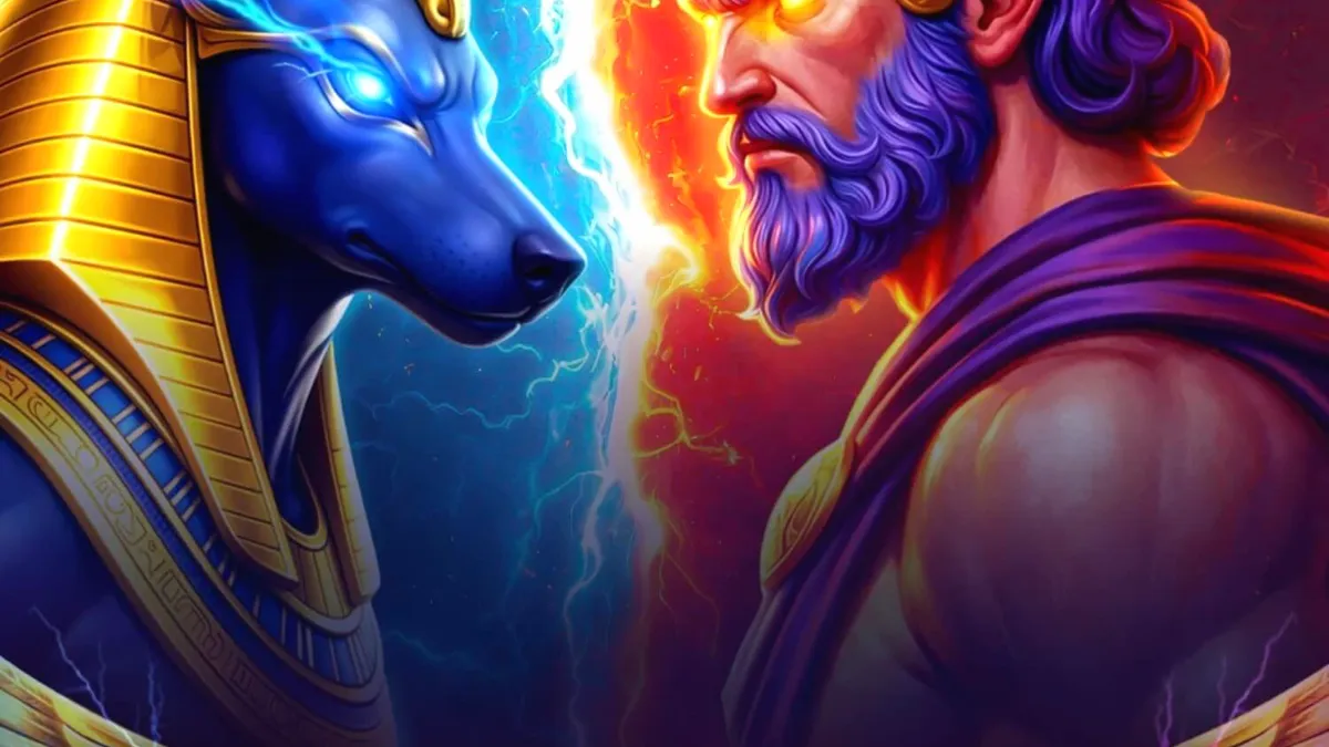 Clash of Gods: Anubis vs Hades slot game screen na nagpapakita ng labanan ng mga diyos